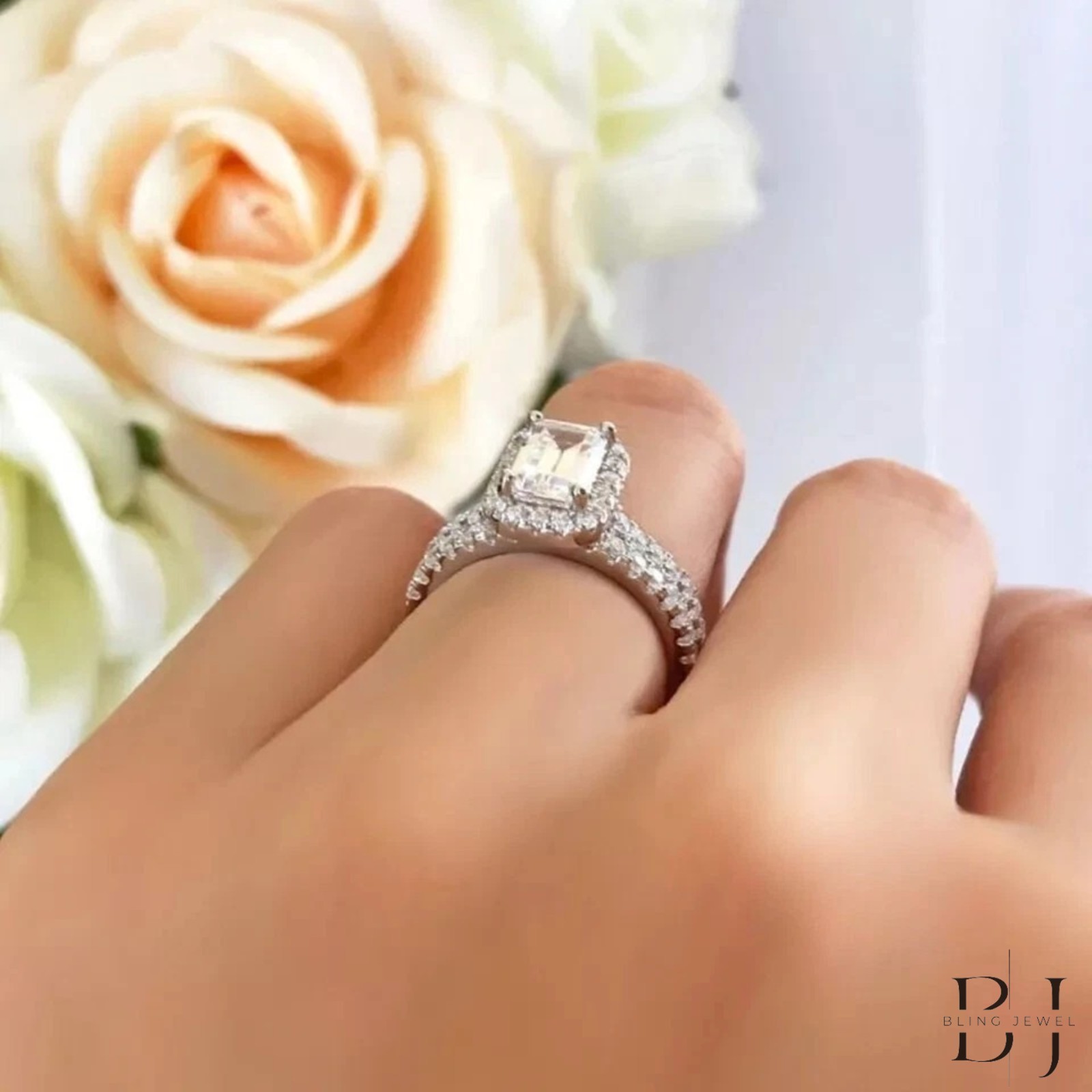 2.50 Emerald Cut Halo Moissanite Wedding Bridal Ring Set Solid 14K White Gold