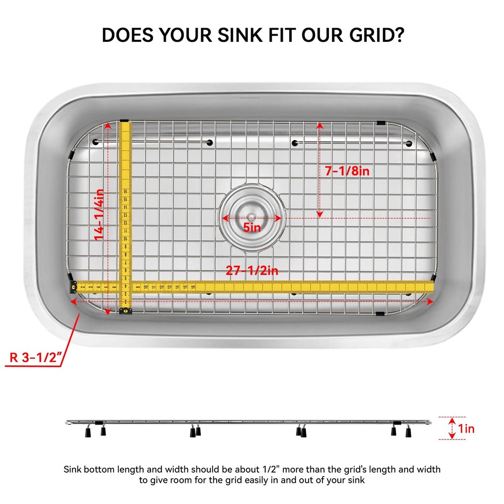 Sink Protector Grid 27.5"x14.25" Centered Drain Corner Radius 3.5" Sink Bottom