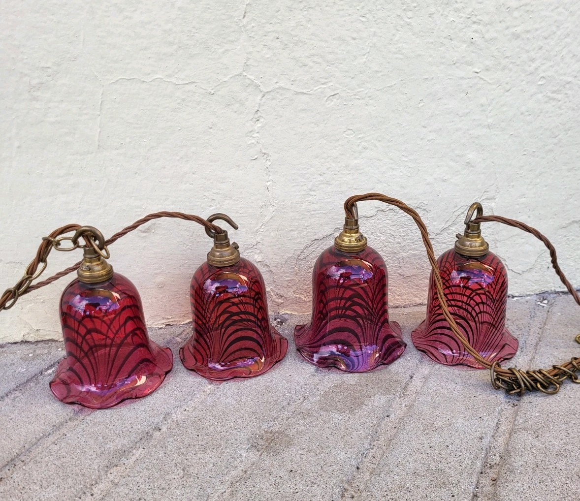 Set Of 4 Vintage Cranberry Swirl Glass Pendant Lamps, Ceiling Roses, Chains