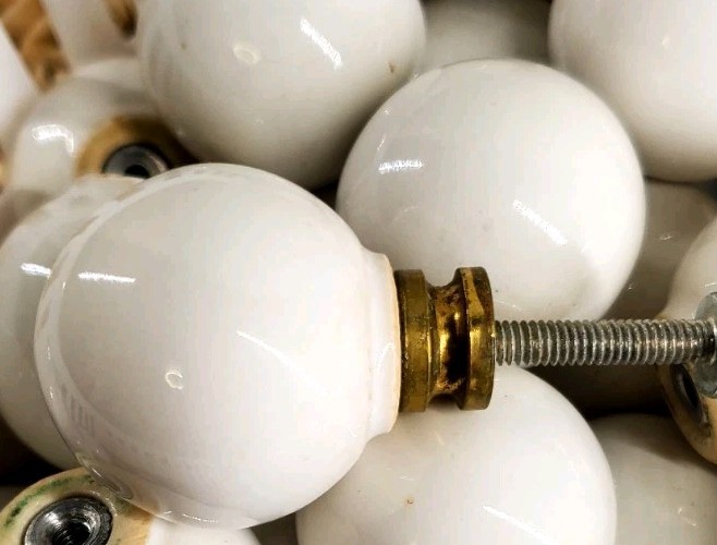 34 Vtg Authentic Drexel Declaration Knobs Pulls 1"Round White Porcelain w/Screws