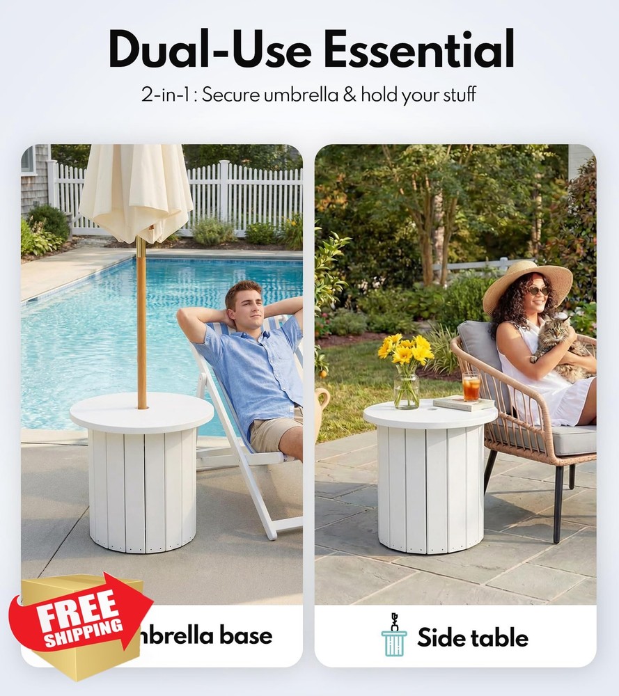 PASAMIC 2-in-1 Umbrella Side Table, Fillable Base, HDPE, White