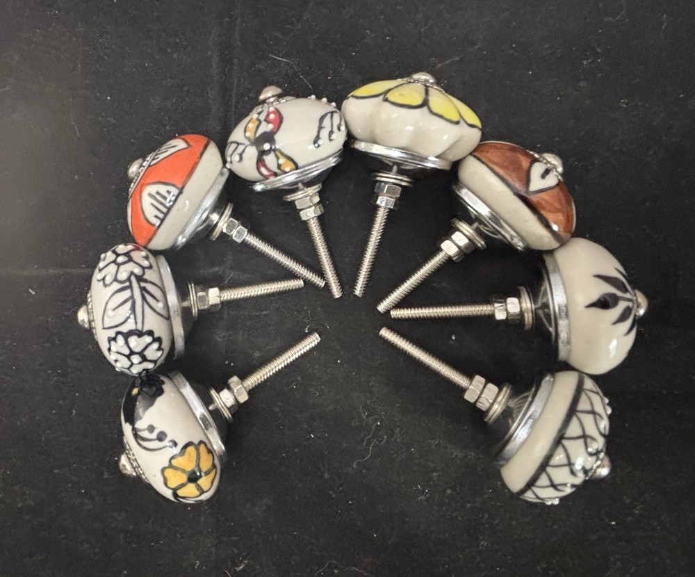 8 Hand painted Ceramic Knobs Pulls Drawer Cabinet Dresser Jewelry Box Multi