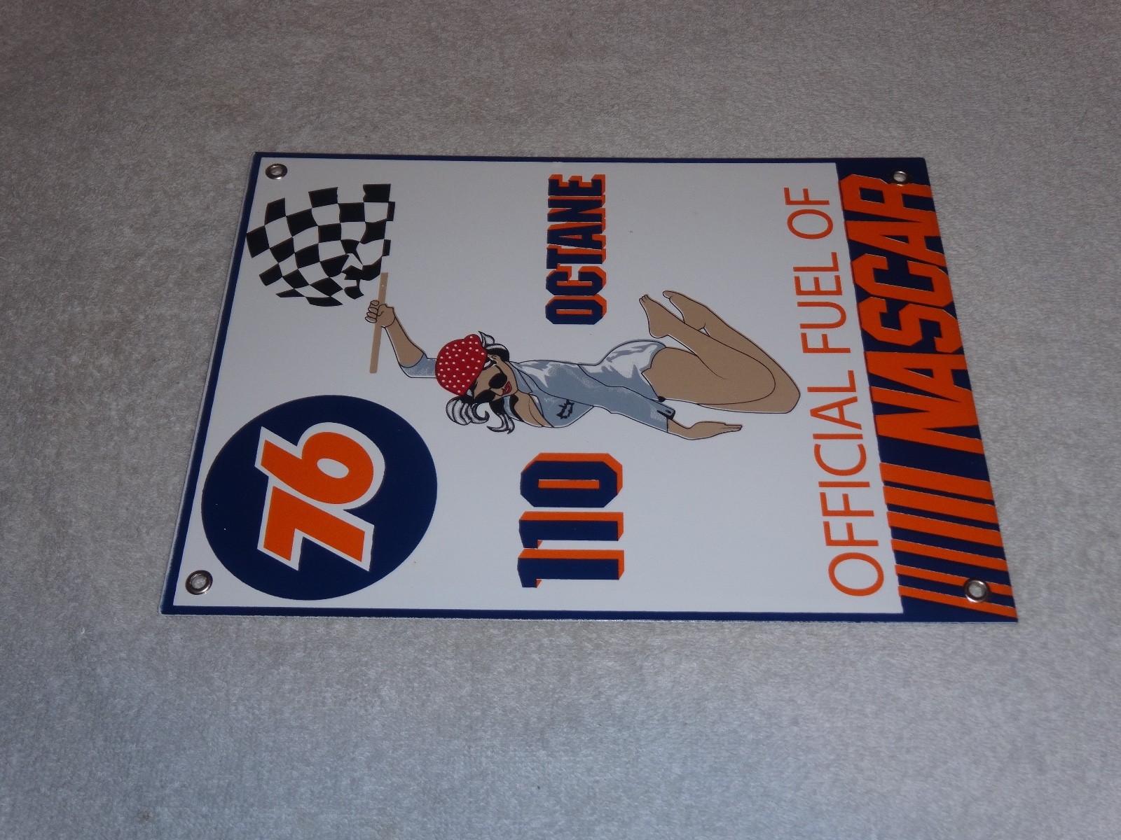VINTAGE UNION 76 GASOLINE WOMAN +RACING FLAG 12" PORCELAIN METAL NASCAR OIL SIGN