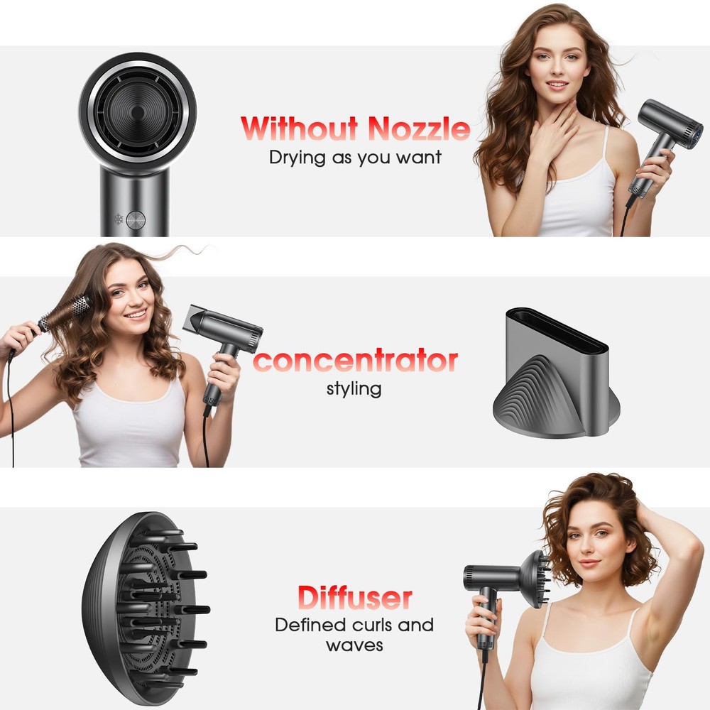 Hair Dryer with Magnetic Diffuser Attachments, Professional High Speed Ionic ...