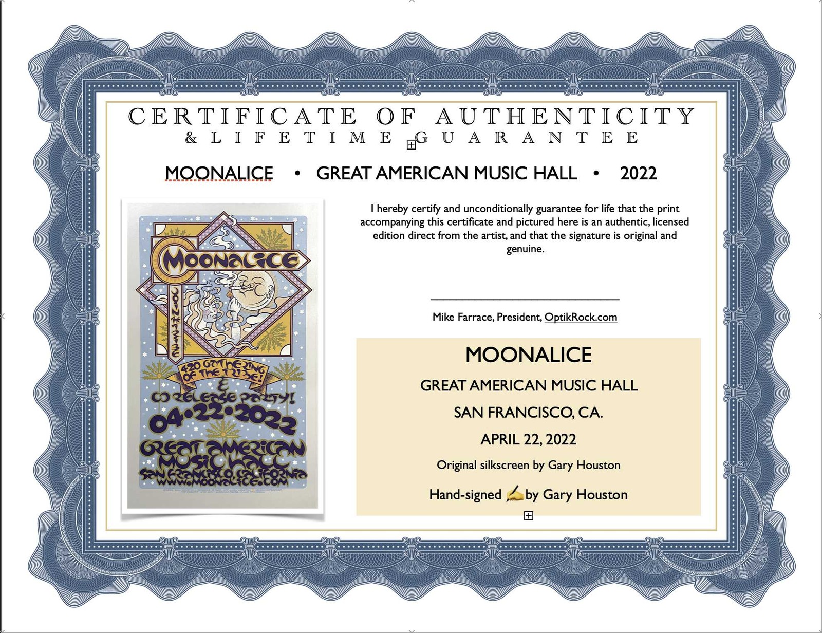 Moonalice 420 Celebration Gathering of the Tribe 2022 Gary Houston S/N COA