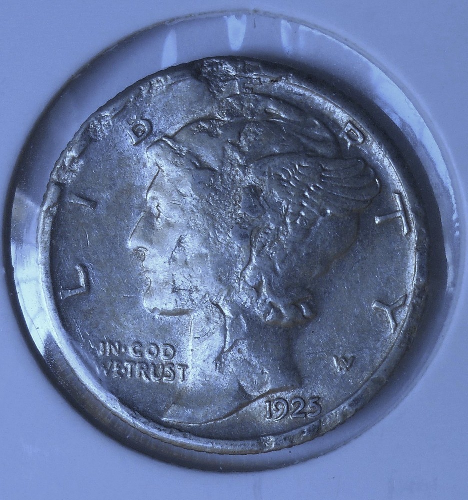 1925-s . Mercury Dime . XF . Extra Fine . Error damage . Struck Through