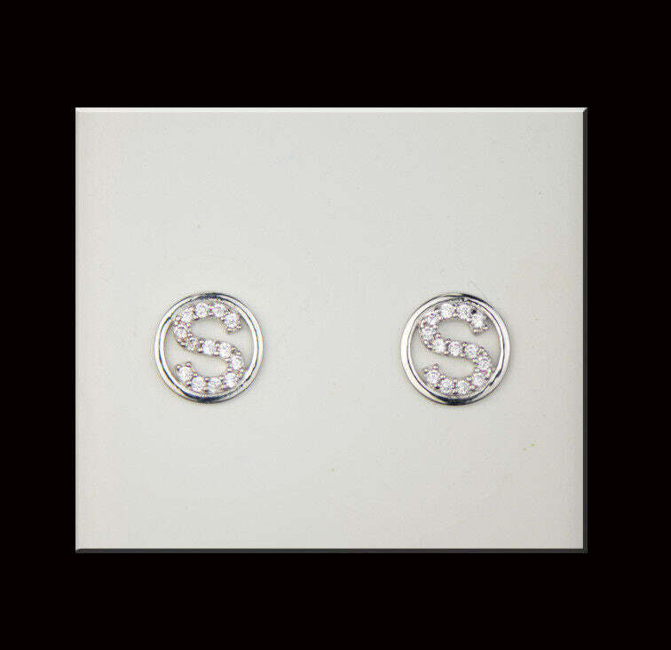 14k Yellow or White Gold Round Initial Letters CZ Stud Earrings