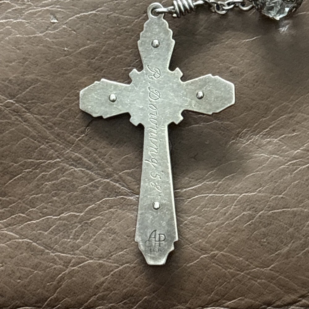 Vintage AP Sterling Miraculous Medal Catholic Crystal & Silver Bead Rosary