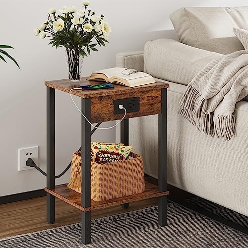 Side Table with Charging Station, Set 2 Set Rustic Brown Engineered Wood Legs