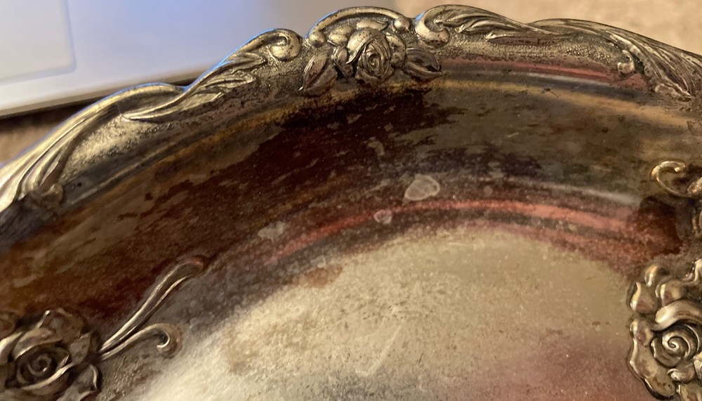 Vintage Silver Plate Roses Dish Shabby Worn Silverplate Tray