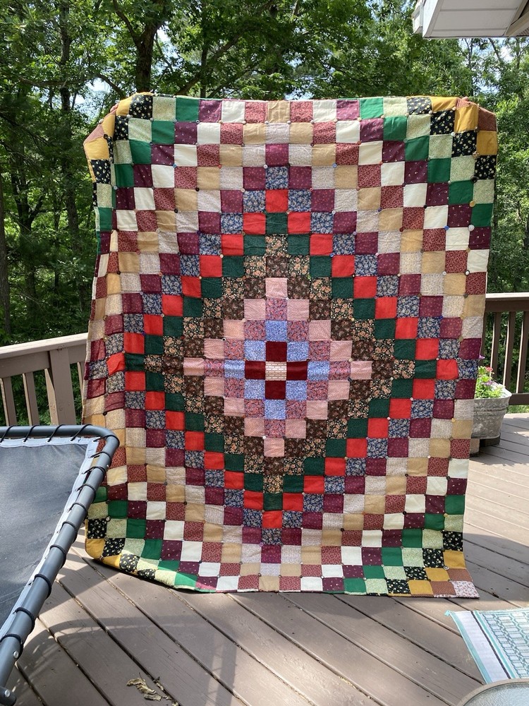 Handmade Machine Stitched Patchwork Quilt 66x85 Signed Tag Button Accents