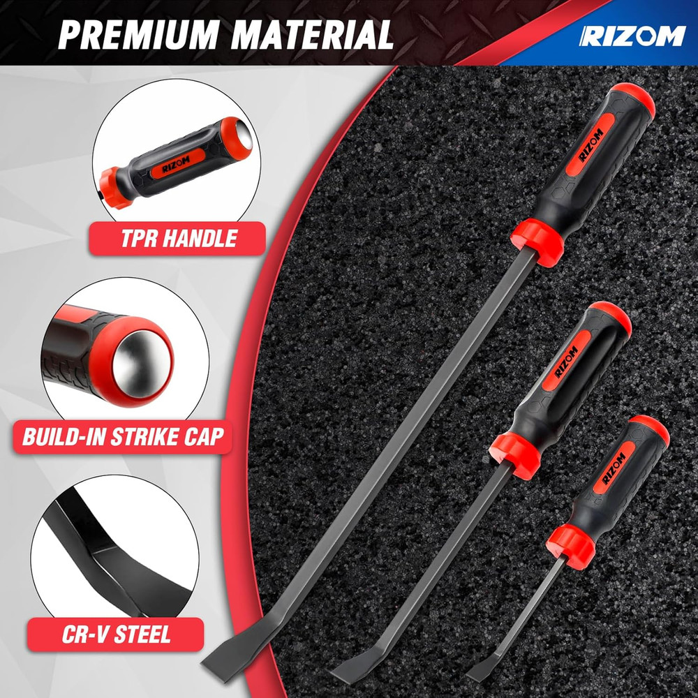 Pry Bar Set 3-PC Strike Cap Handle Angled Tip Prying Lifting Pulling Objects