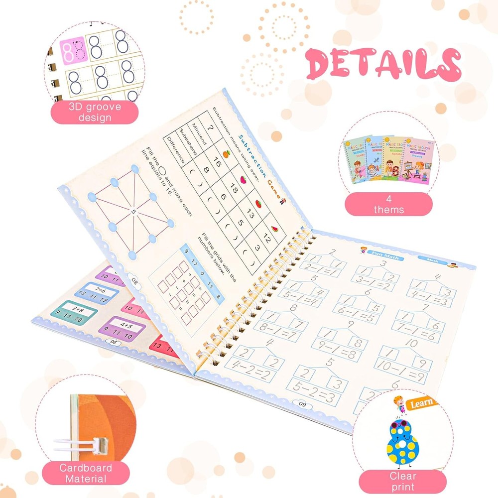 4 Pc Magic Grooved Practice Copybook,Reusable Writing...