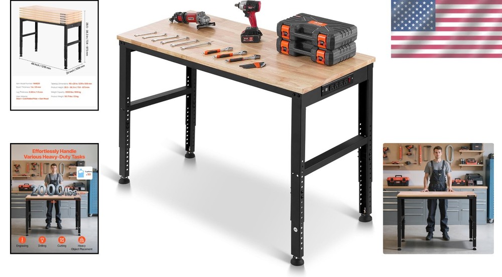 Versatile Adjustable Work Bench - 48 x 20 Inches, 2000 lbs with USB & AC Outlets