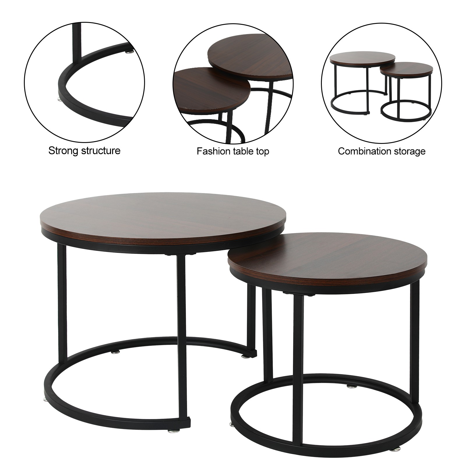 Nesting Coffee Table Set Round Side End Tables w/ Metal Legs Living Room Modern