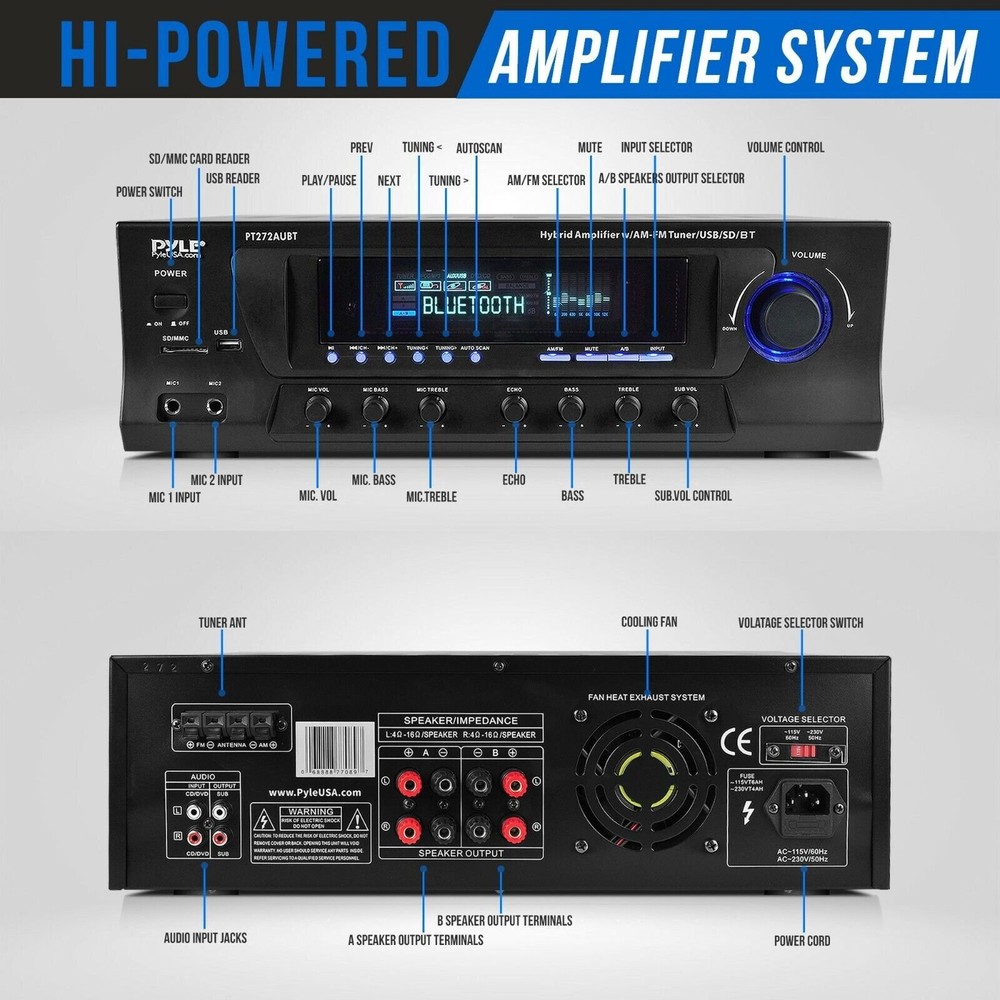 Pyle 300W Stereo Amplifier USB/SD,Bluetooth,Remote,AFM Tuner PT272AUBT