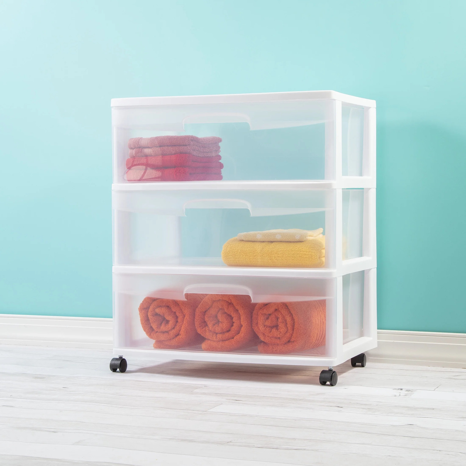 3 Drawer Wide Cart Clear Plastic Storage Drawers with Wheels White