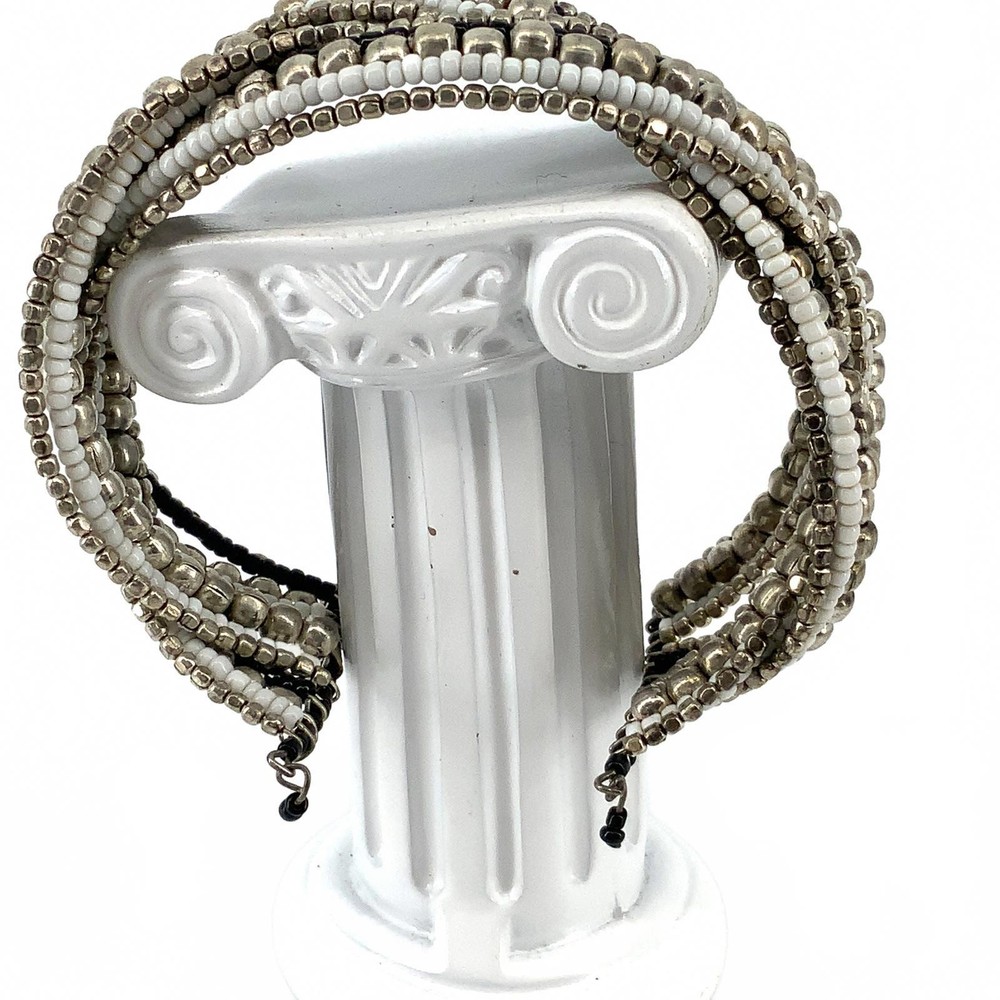 Vintage Multi Strand Seed Bead Cuff Bracelet Silver Tone Black White Boho