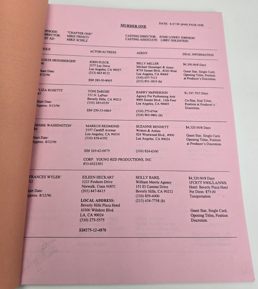 MURDER ONE / Doug Palau 1996 TV Script, Mary McCormack "Chapter One, Year Two"