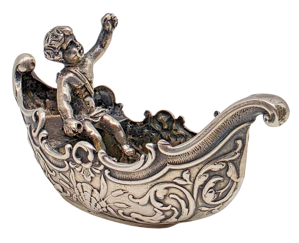 VINTAGE German Solid .800 Silver Cherub in Boat Ship Figure