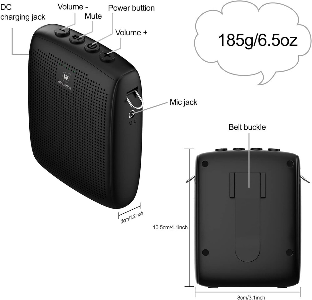 WinBridge Wireless Voice Amplifier for Teachers with Bluetooth Headset Black
