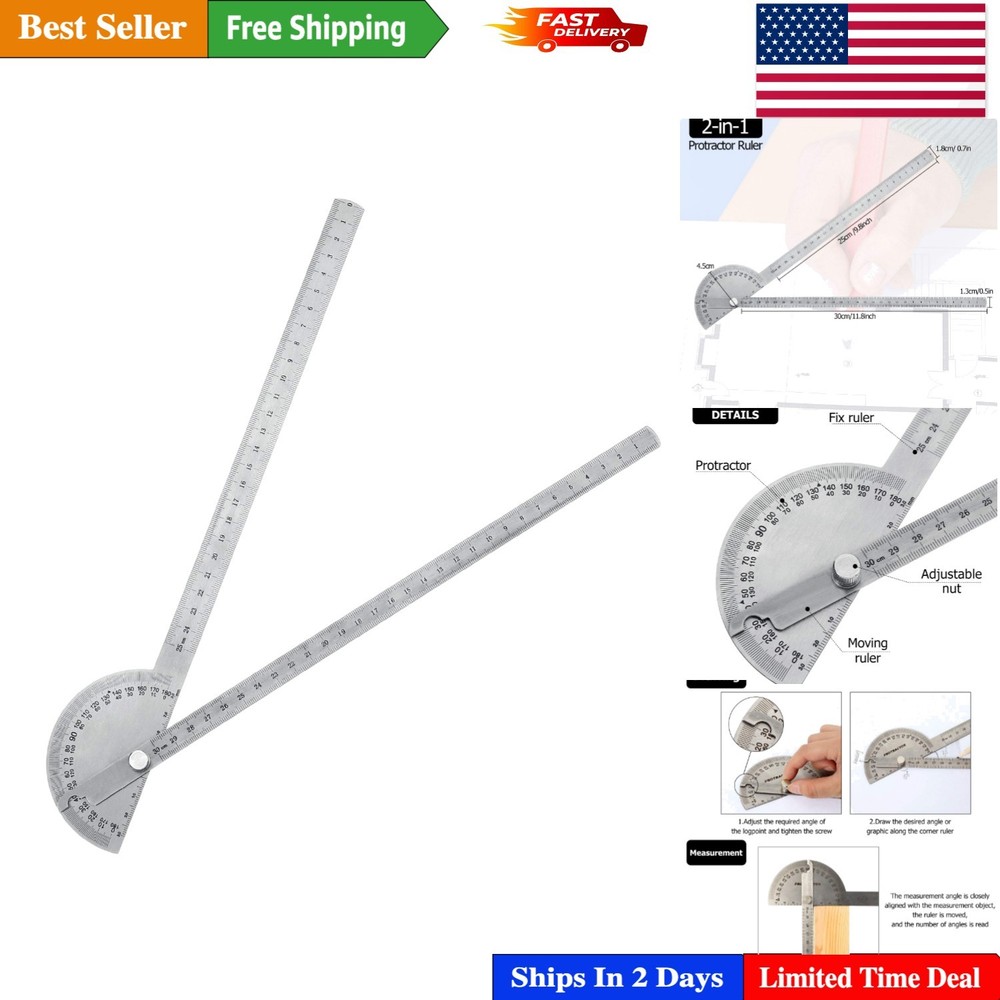 Multi-Functional Angle Protractor - 30cm/11.8'' Stainless Steel Measuring Ruler