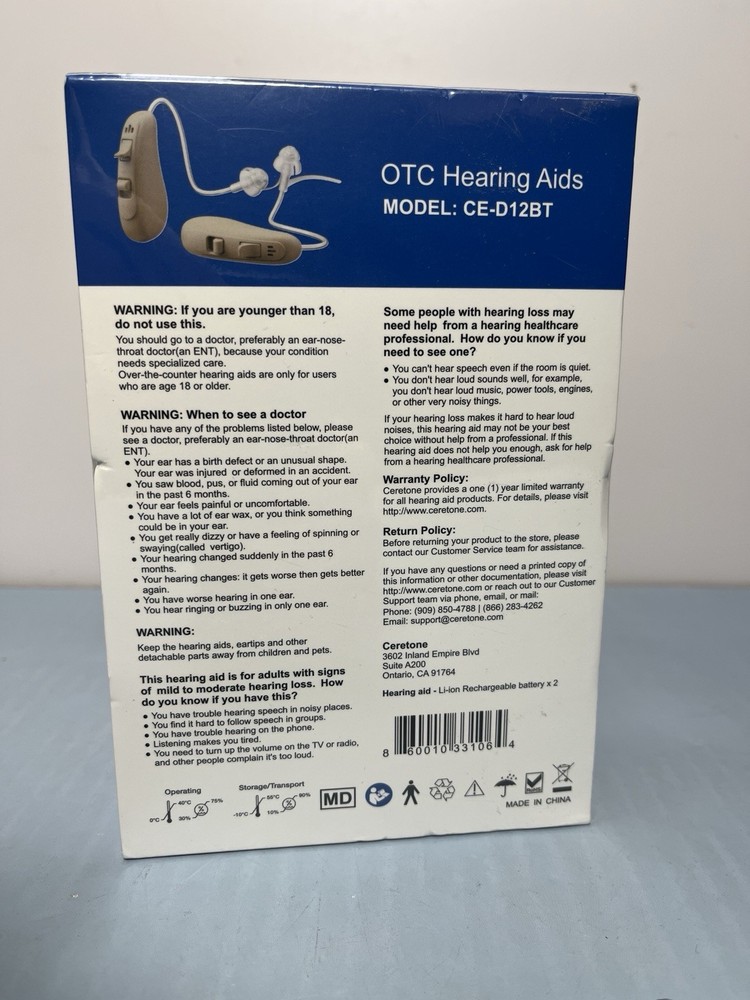 Ceretone Solid OTC Rechargeable Hearing Aid - Model: CE-D12BT