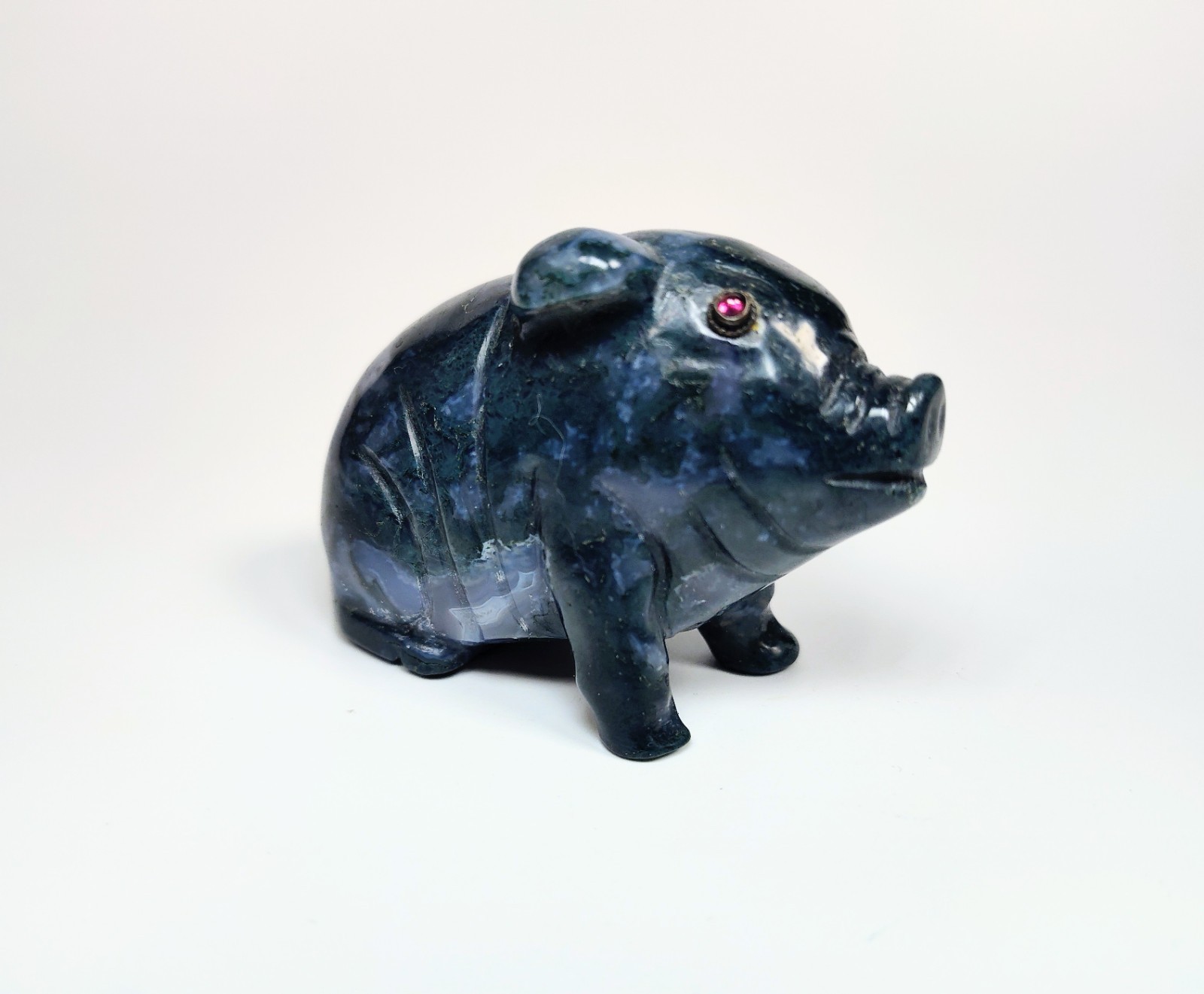 Antique 1920s Hand-Carved Blue-Green Aventurine Pig with Bezel-Set Garnet Eyes