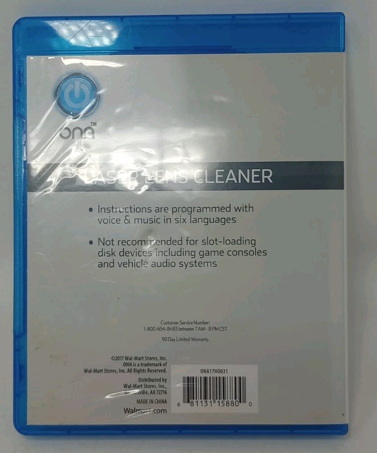 Onn Laser Lens Cleaner Blu-ray DVD CD Disc Includes Voice & Music Instructions