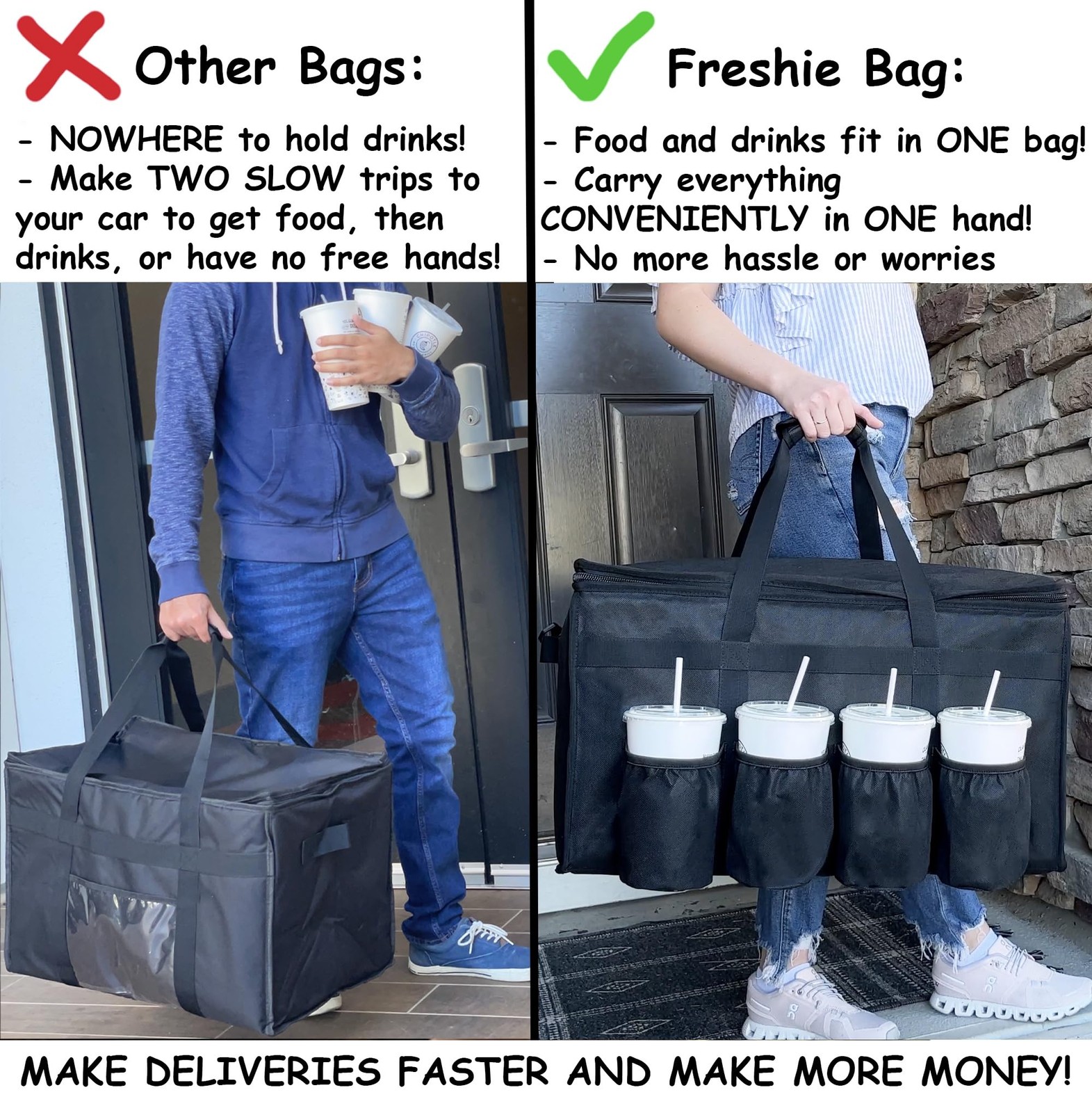 Insulated Delivery Bag with Cup Holders/Drink Carriers Premium, for Doordash