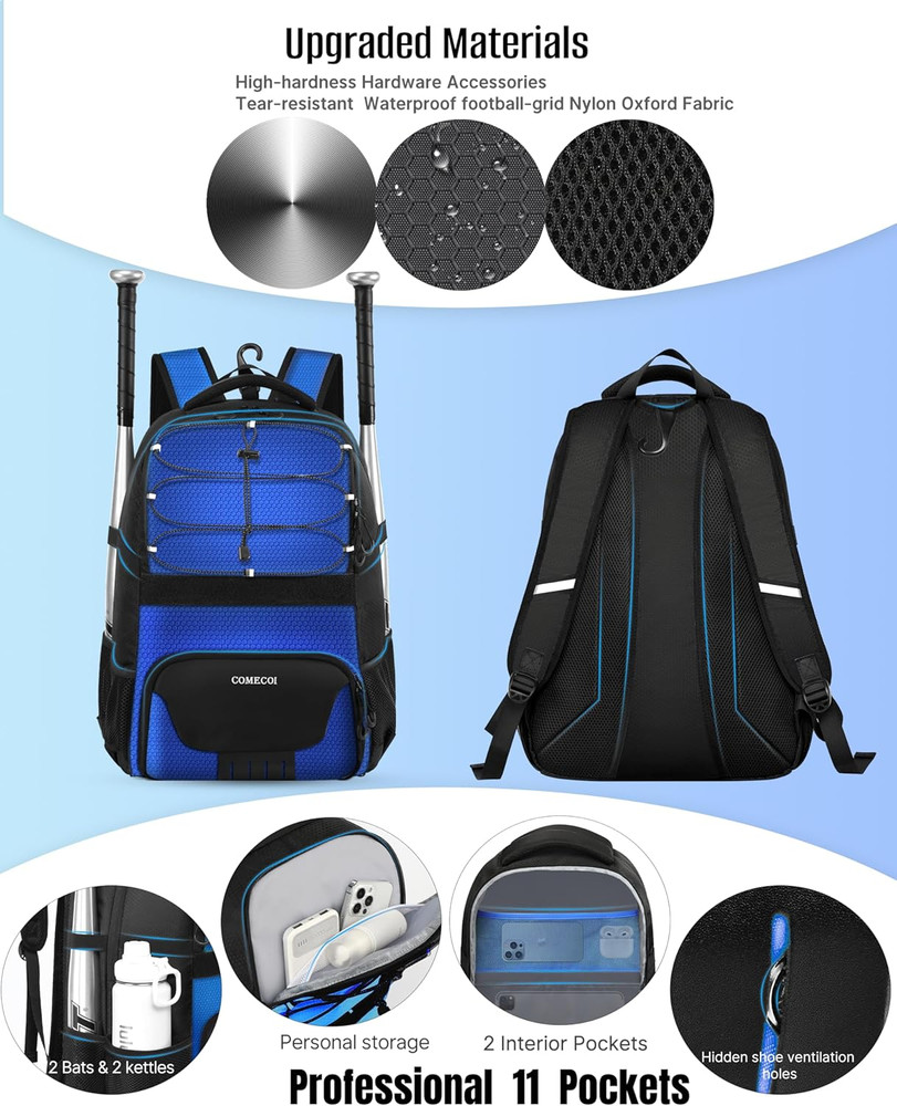 Softball Bag, Lightweight Baseball Backpack with Shoes Compartment, Baseball Bat