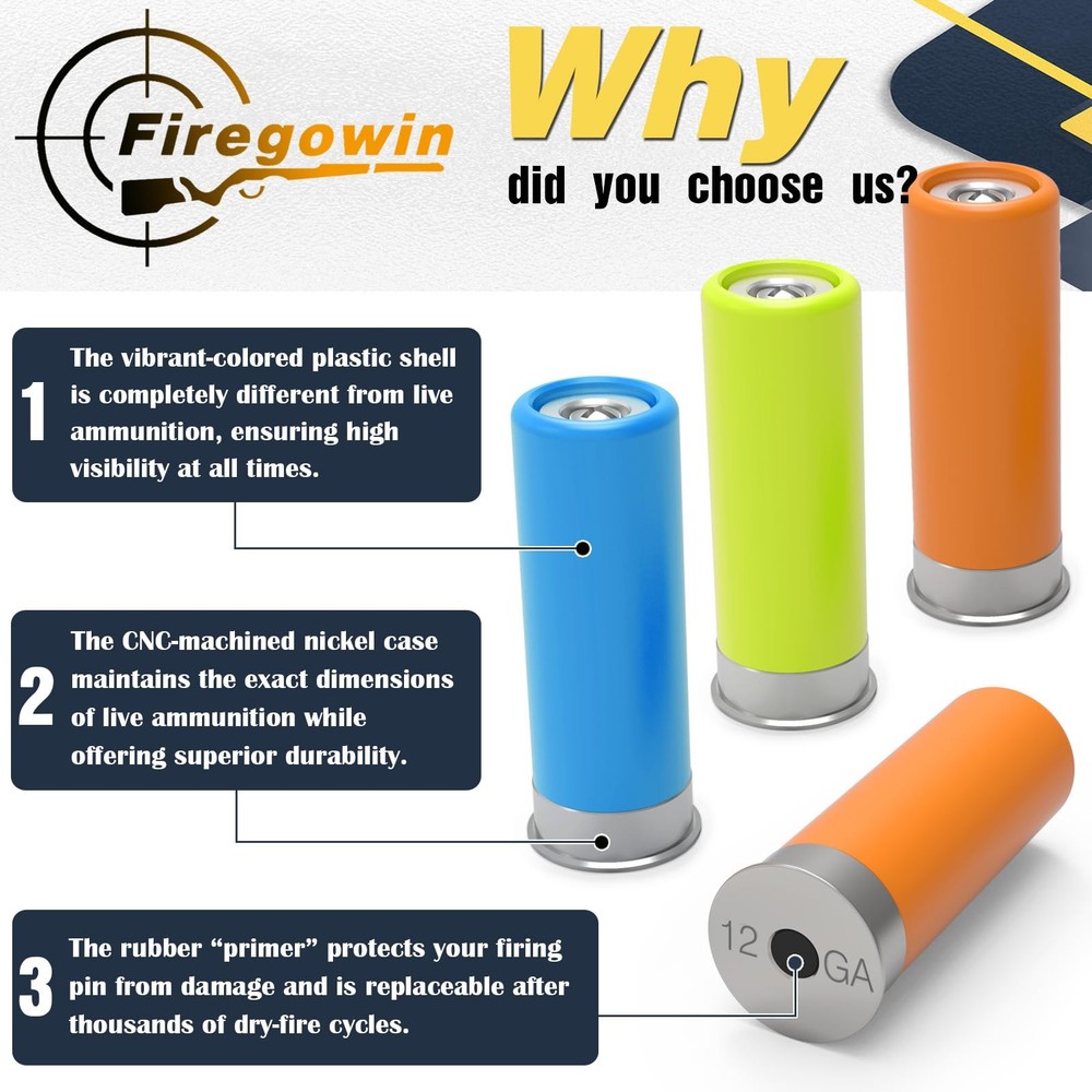 FIREGOWIN Pro 12GA Dummy Rounds – Training Snap Caps, Reusable Dry Orange