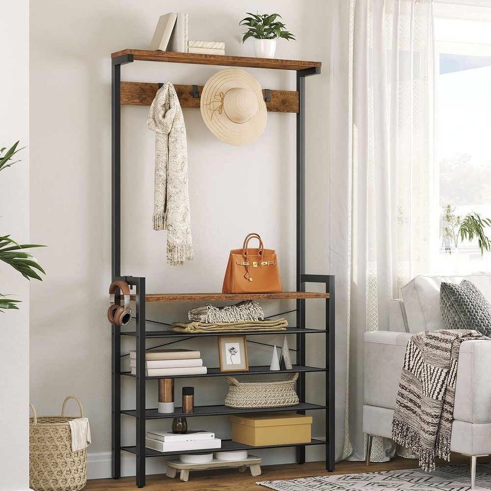 HOOBRO Hall Tree with Bench, Coat Rack Shoe Storage, Rustic Brown, Black