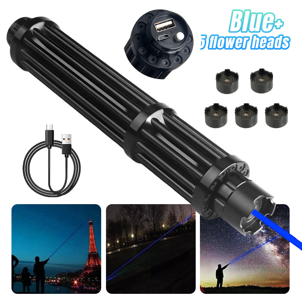 High Power Blue Laser Pointer, USB Rechargeable with 5 Interchangeable Heads US