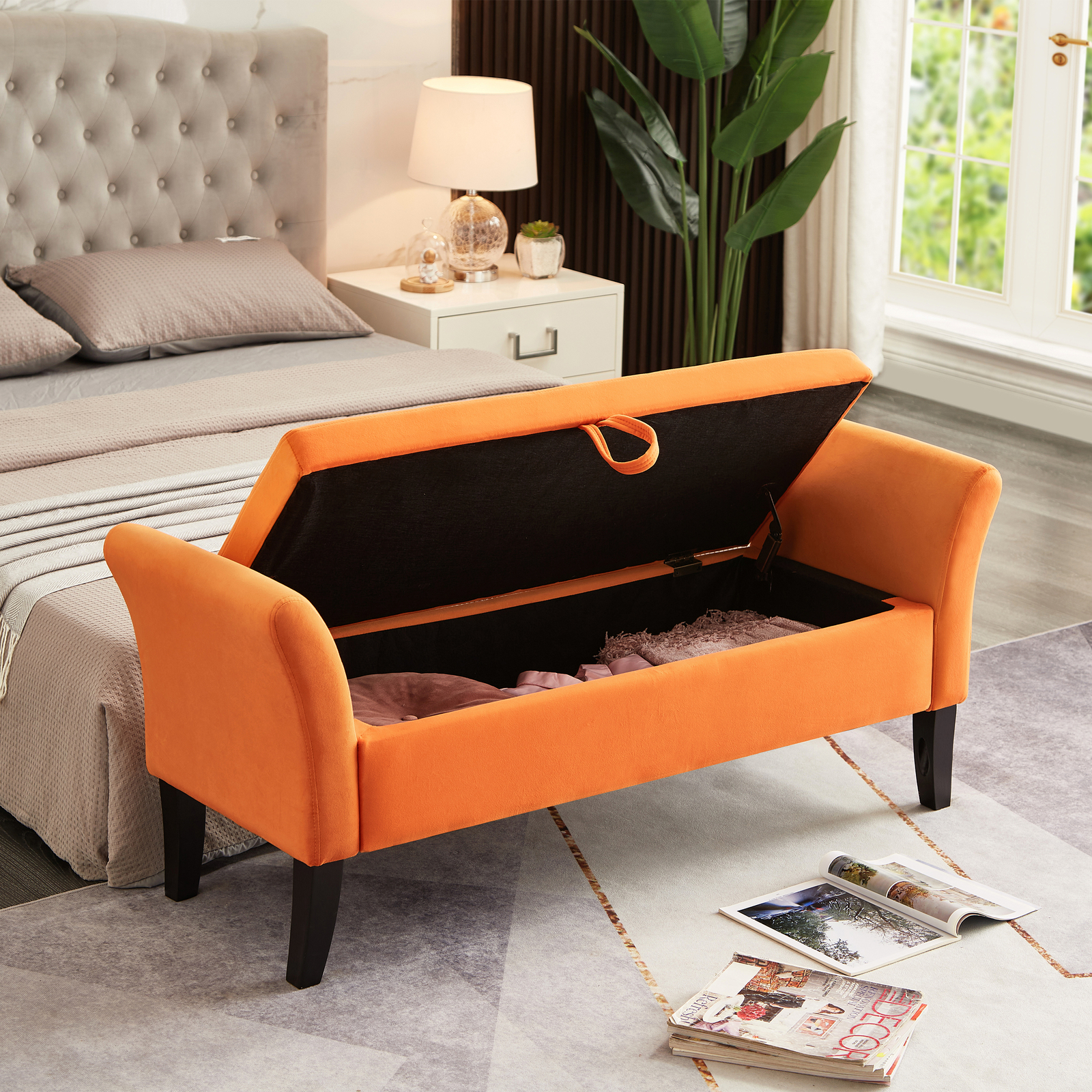 52" Storage Bench Upholstered Ottoman Bench with Arms Velvet Button-Tufted Bench