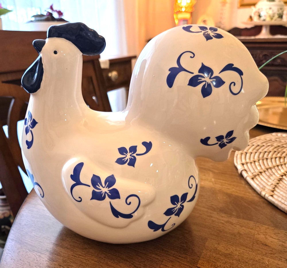 Puffy Ceramic Creamy White & Blue Rooster