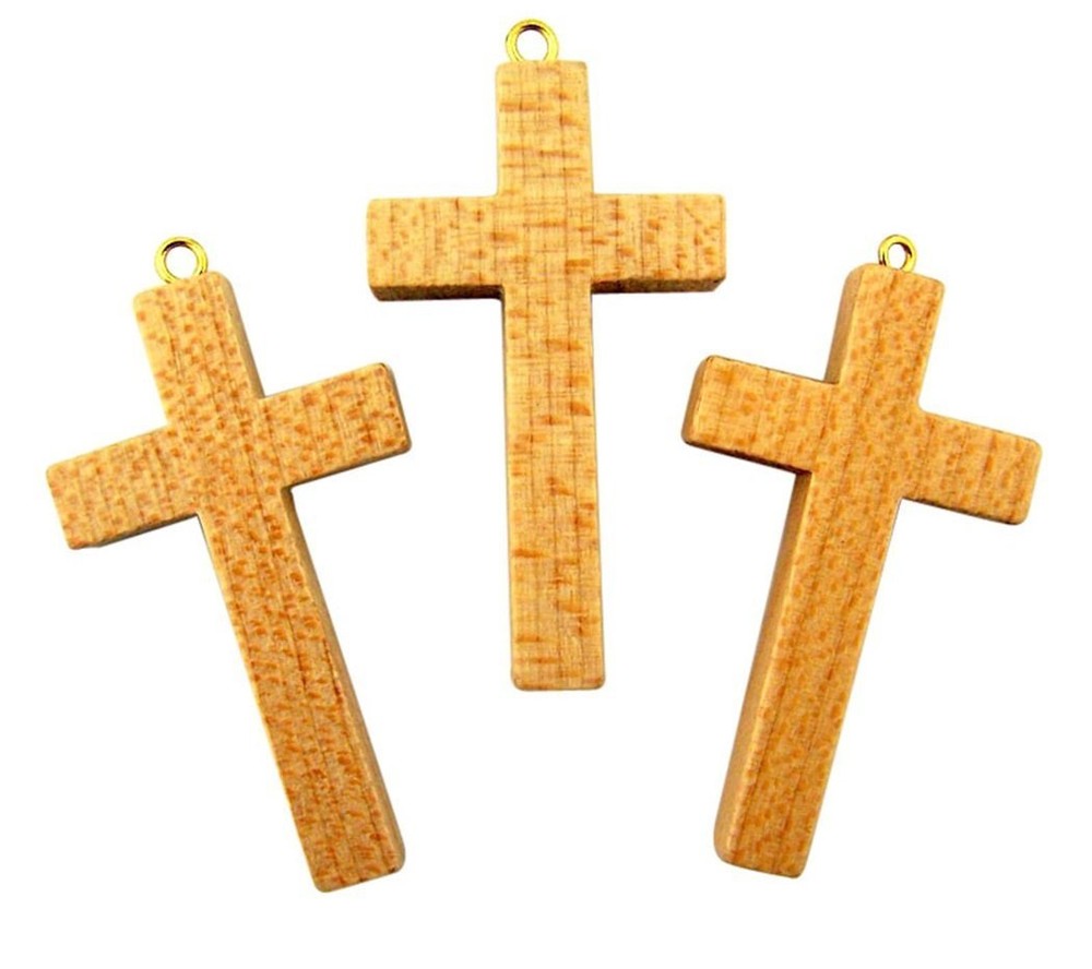 Wood Plain Latin Christian Cross Pendant for Rosary Kit, Pack of 3, 1 5/8 Inch