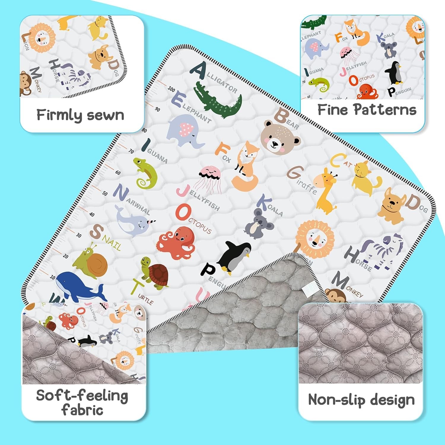 Portable Foldable Baby Play Mat - 50" x 50" Animal Alphabet Crawling Surface
