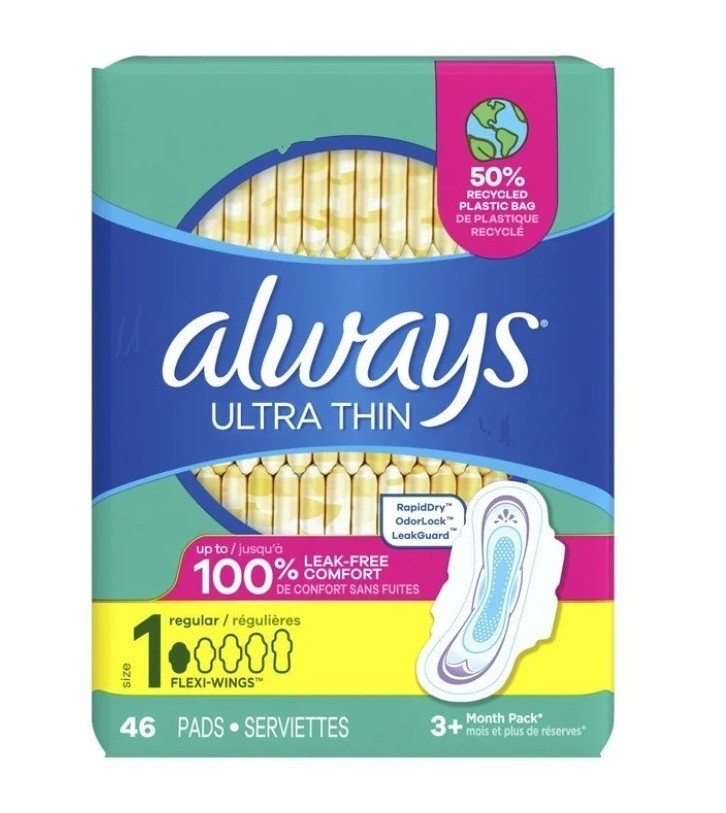 Always Ultra Thin Pads with Wings, Regular Absorbency, Unscented, 46 Count Pack