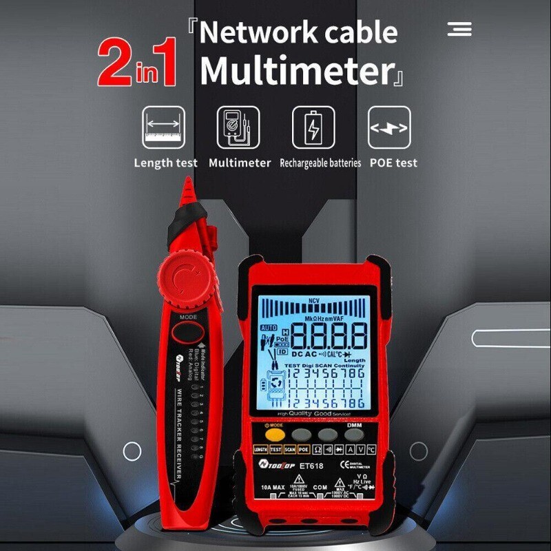 Multifunctional Network Cable Tester With LCD Display Multimeter Line Finder Red