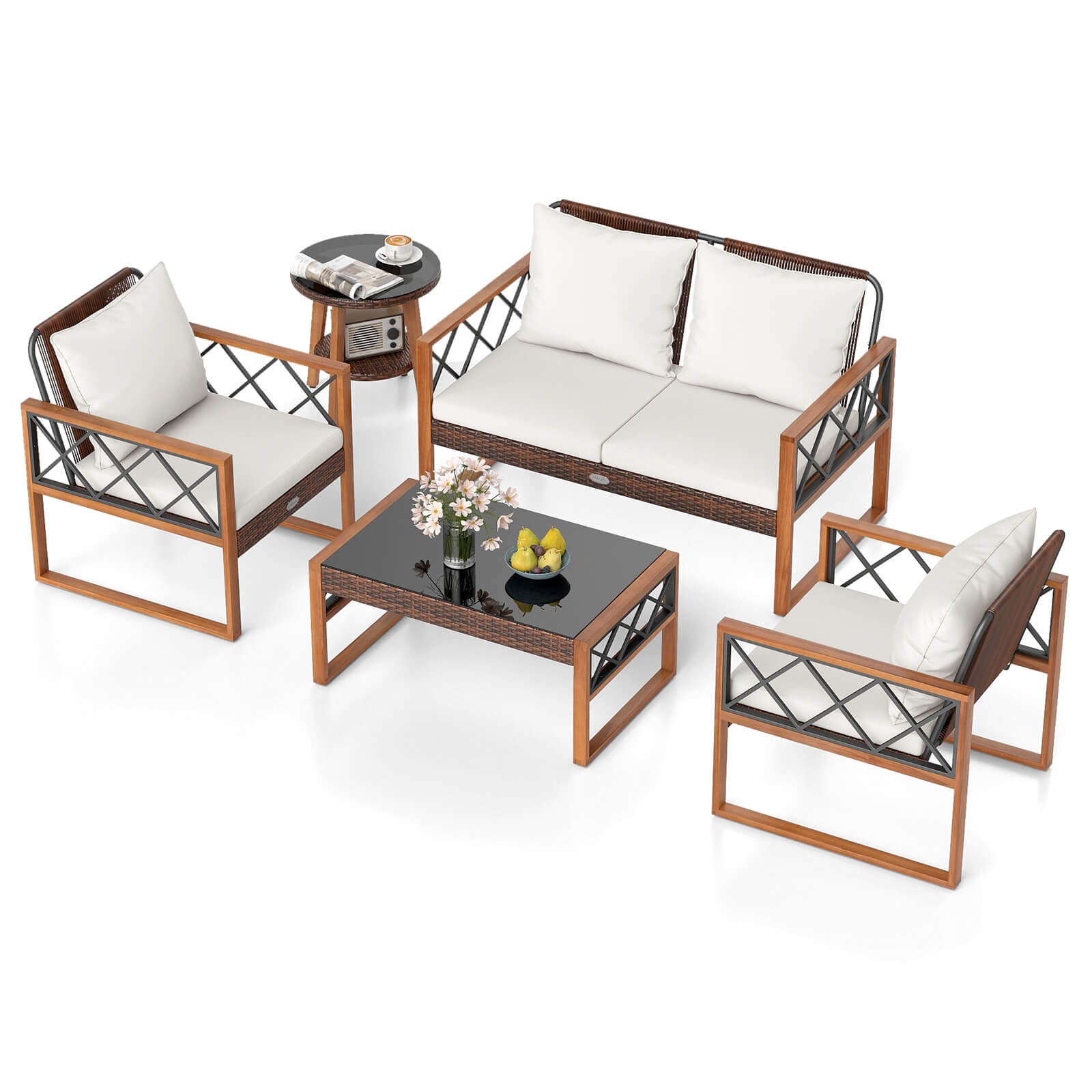 5 PCS PE Wicker Patio Furniture Set w/Acacia Wood Frame Cushions for Deck Garden