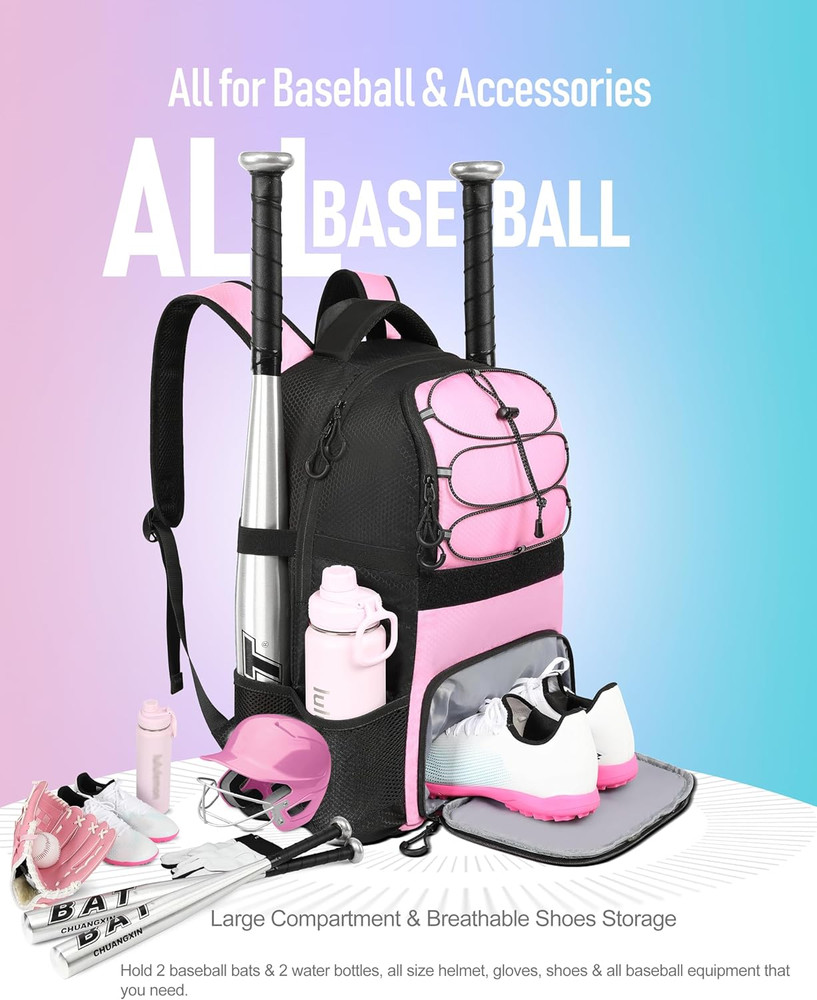 Softball Bag, Lightweight Baseball Backpack with Shoes Compartment, Baseball Bat