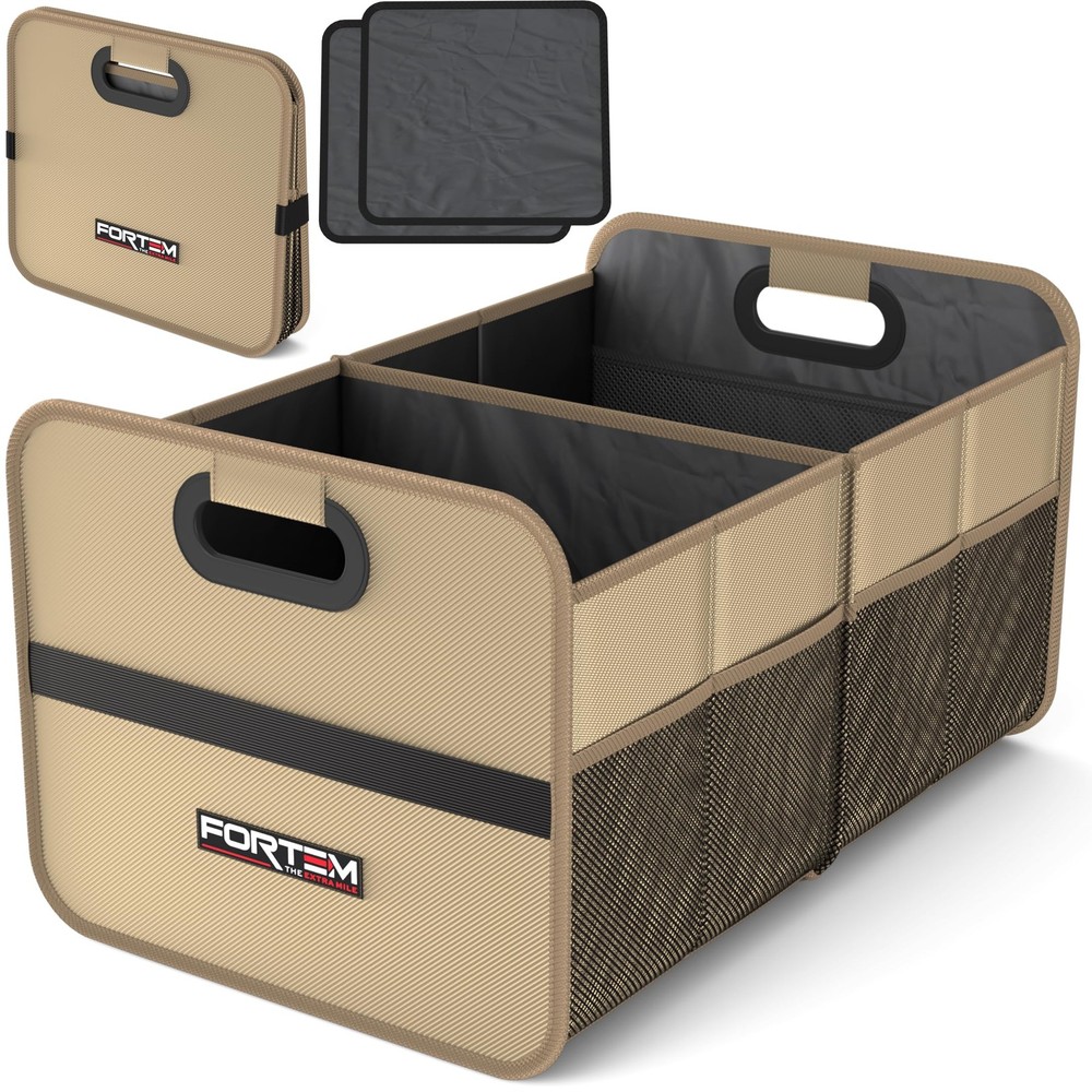 FORTEM Car Trunk Organizer, Collapsible Two Compartment Medium, Beige