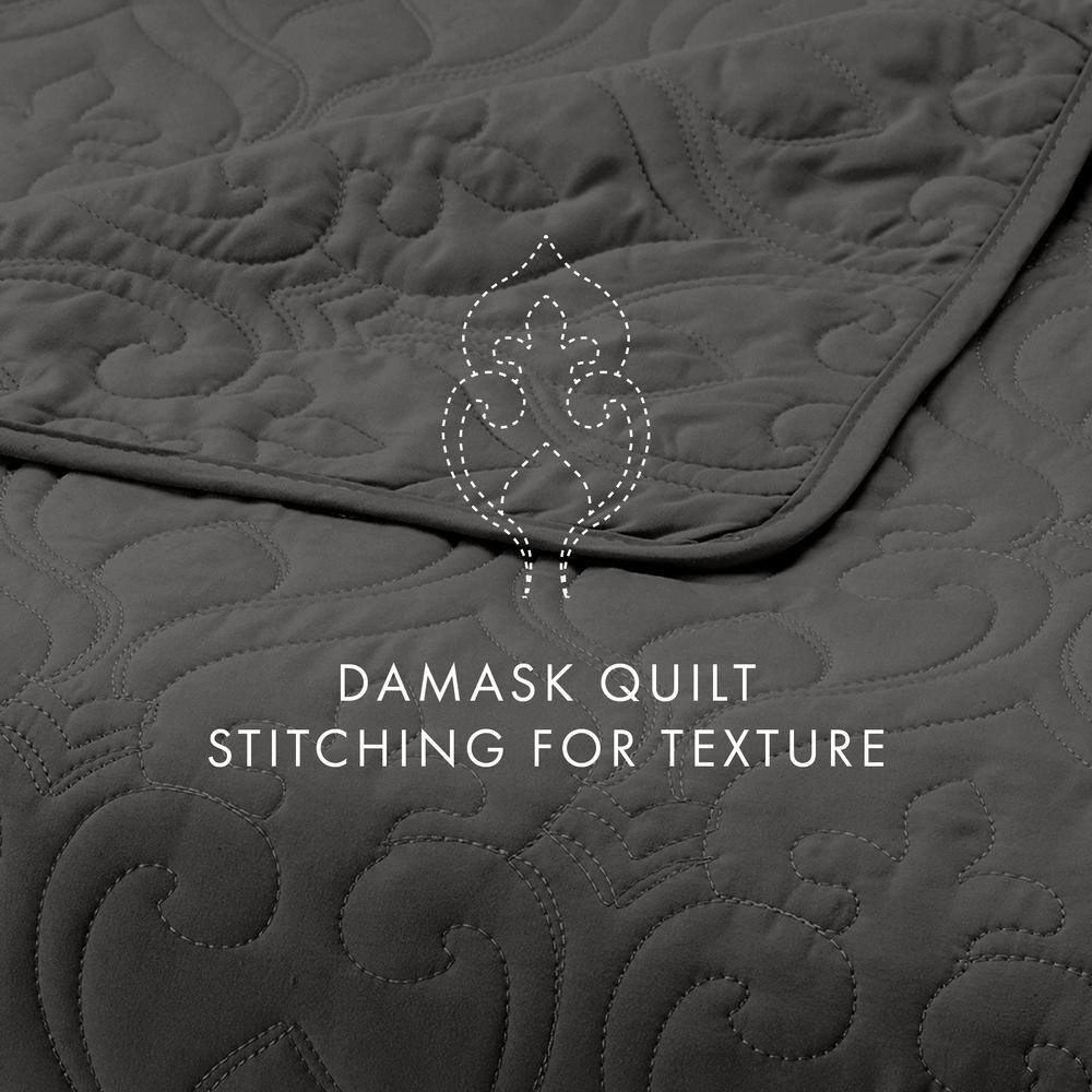 Damask Gray Microfiber Twin Performance Quilted Coverlet Set