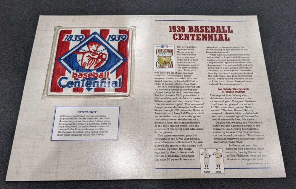 1939 BASEBALL CENTENNIAL 100TH COOPERSTOWN COLLECTION MLB COMMEMORATIVE PATCH