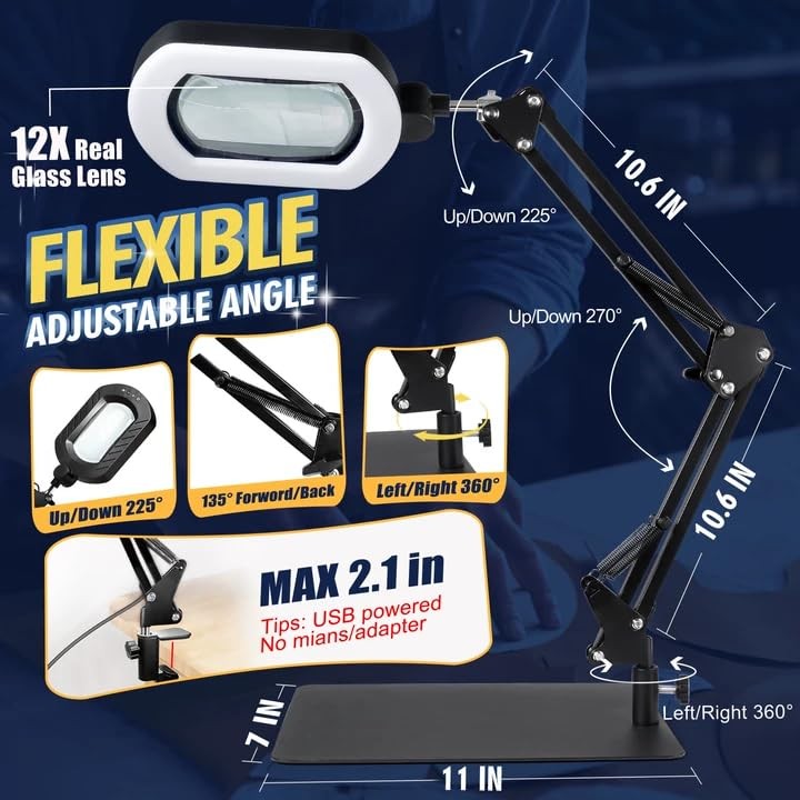 12X Square Magnifying Glass with Large Light, Black