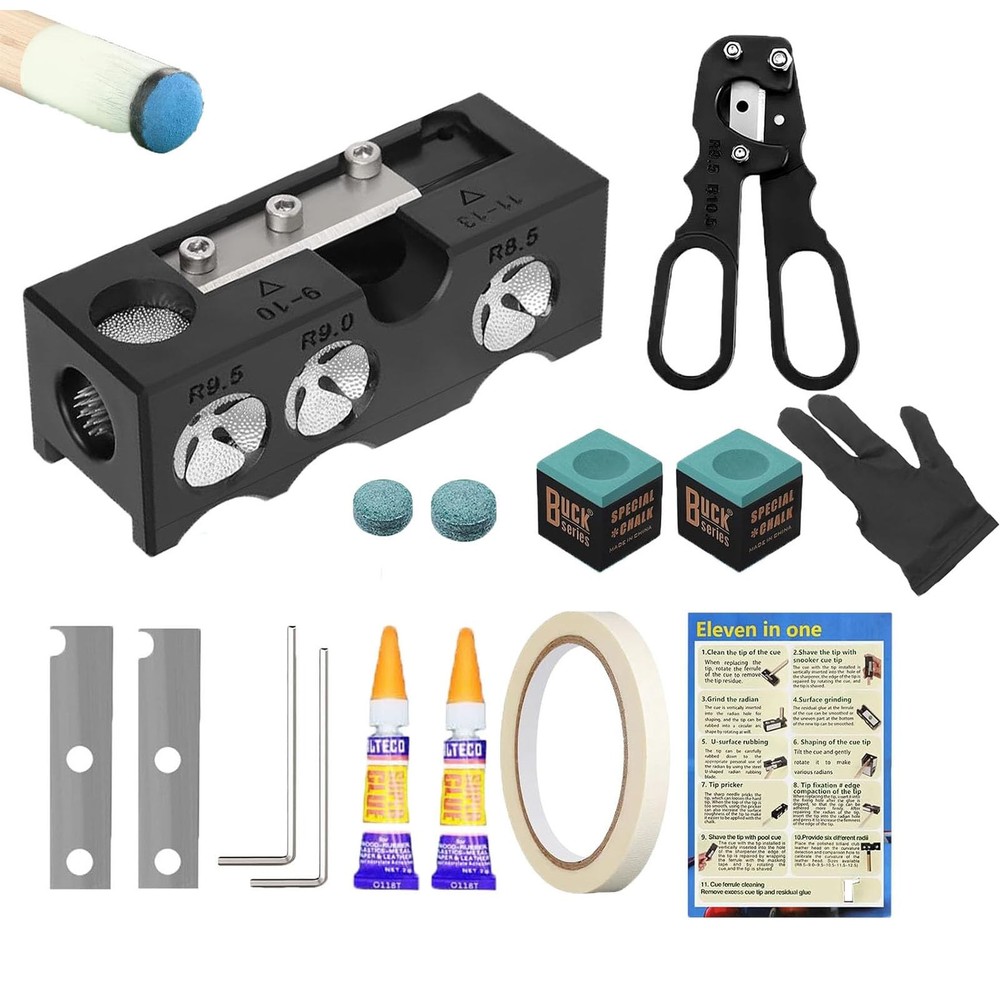 11in1 Pool Cue Tip Shaper 14 PCS Replacement Repair Kit Table Accessory