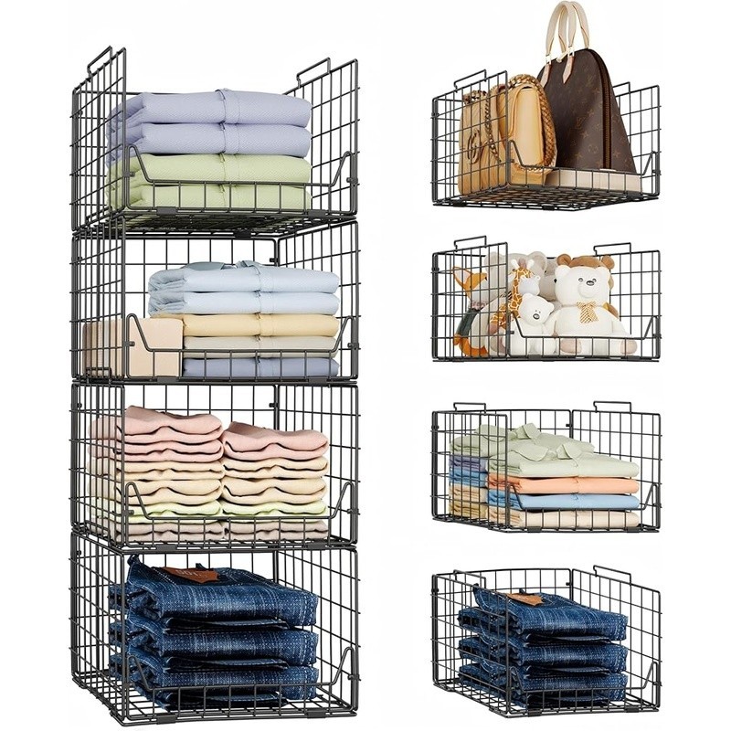 Stackable Storage Baskets Set of 4 Durable Closet Organizer Easy Foldable Use