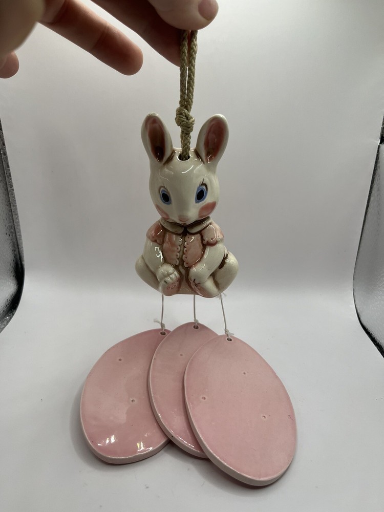 Rabbit Wind Chime Vintage Ceramic Bunny Easter Pink