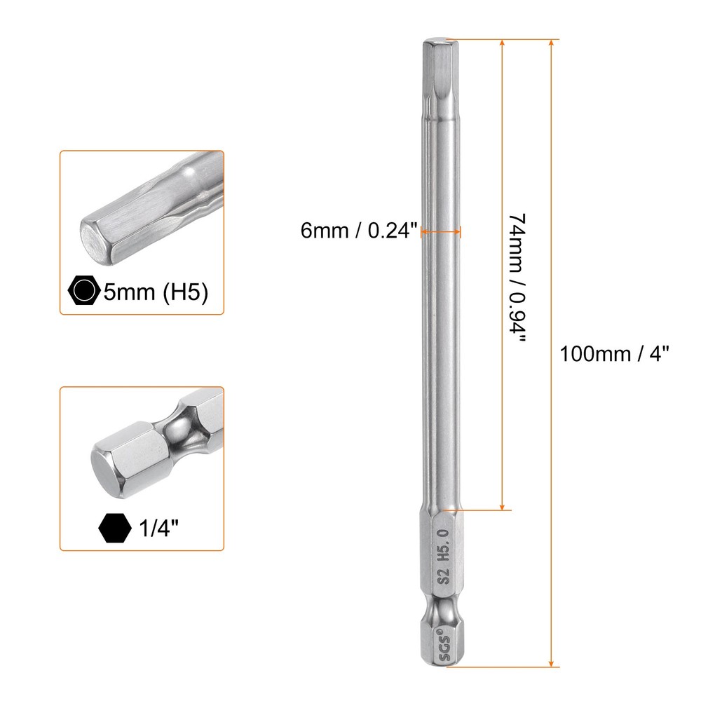5pcs 5mm (H5) Hex Head Wrench Drill Bit 4" Long Magnetic Screwdriver Bits